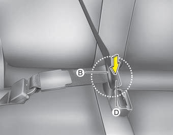 Kia Carnival: Seat belt restraint system. 1. Press the release button on the buckle (D) and remove the tongue plate (B)