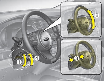 Kia Carnival: Tilt and telescopic steering. To change the steering wheel angle, pull down the lock-release lever (1), adjust