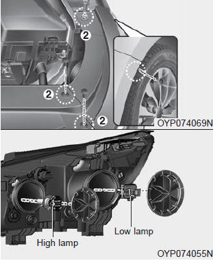 Kia Carnival: Front light bulb replacement. 1. Open the hood.